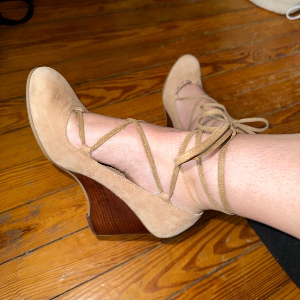 Adrienne Vittadini Smily Tan Suede Ankle Wrap Wedge Shoes